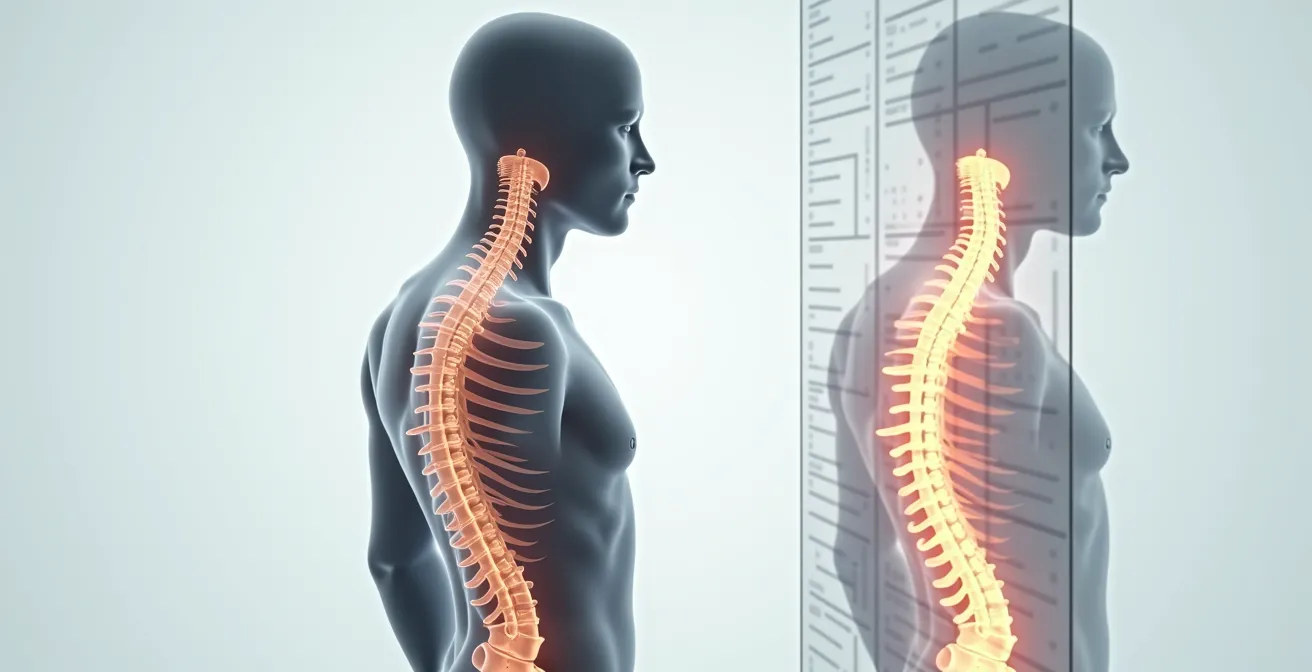 Vue de profil comparant l'alignement vertébral en trois positions de sommeil différentes : sur le dos avec oreiller sous les genoux, sur le côté avec oreiller entre les jambes, et sur le ventre avec tension lombaire excessive