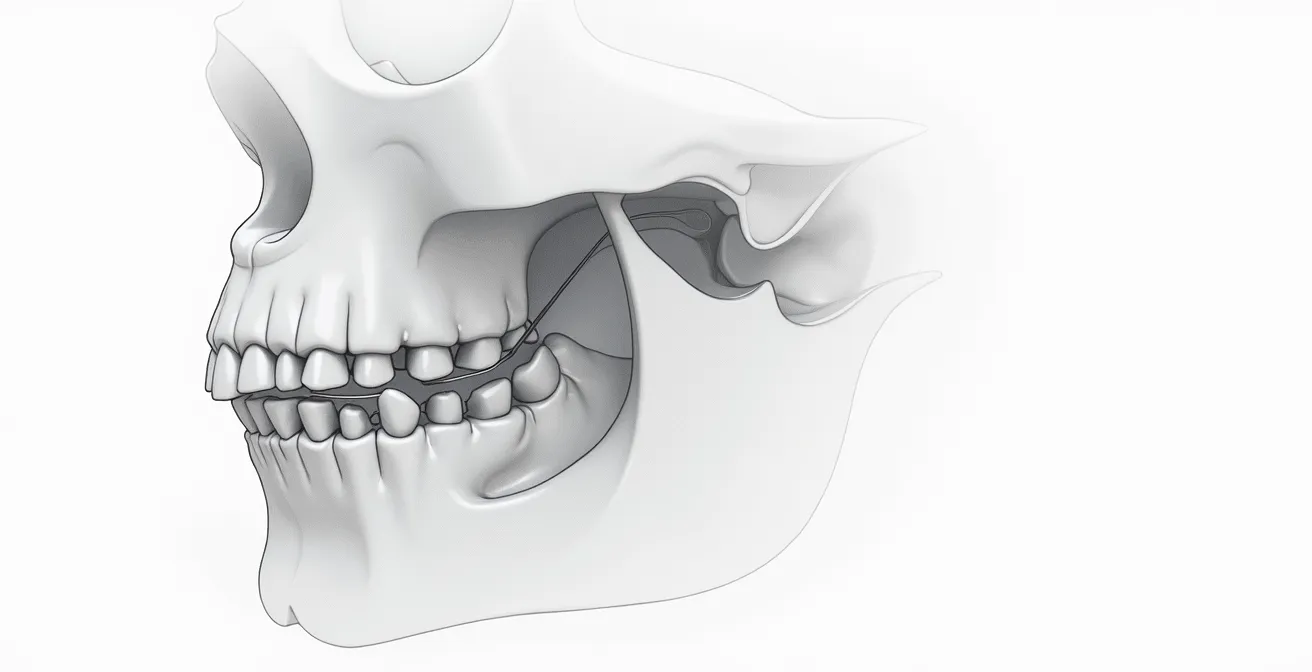 Représentation schématique de l'avancée mandibulaire progressive : mâchoire inférieure avançant millimètre par millimètre dans une section sagittale du profil facial.