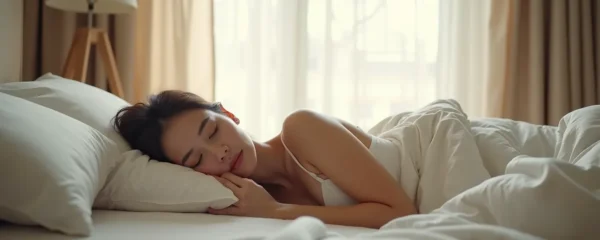 Vue frontale d'une personne en position de sommeil latéral sur un matelas moelleux, avec un oreiller supportant correctement le cou dans l'alignement de la colonne vertébrale, lumière naturelle douce