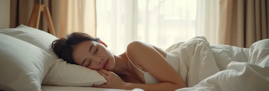Vue frontale d'une personne en position de sommeil latéral sur un matelas moelleux, avec un oreiller supportant correctement le cou dans l'alignement de la colonne vertébrale, lumière naturelle douce