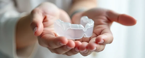 Gros plan sur une orthèse d'avancée mandibulaire anti-ronflement en matériau thermoplastique transparent, tenue dans une main avec éclairage studio chaleureux.