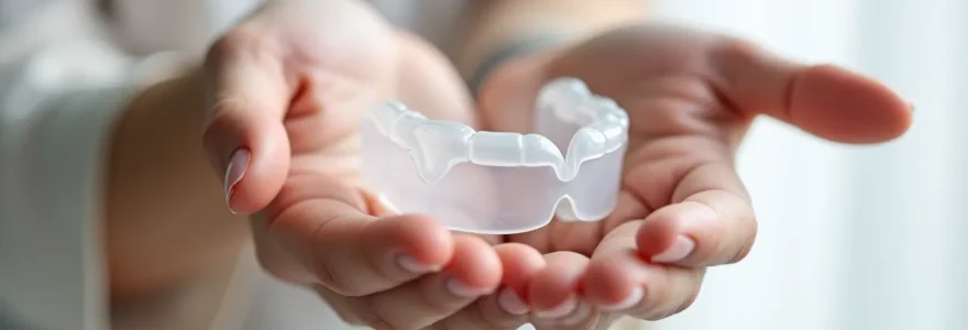 Gros plan sur une orthèse d'avancée mandibulaire anti-ronflement en matériau thermoplastique transparent, tenue dans une main avec éclairage studio chaleureux.