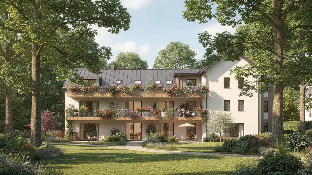 Vue extérieure d'une résidence senior moderne entourée de verdure en Seine-et-Marne