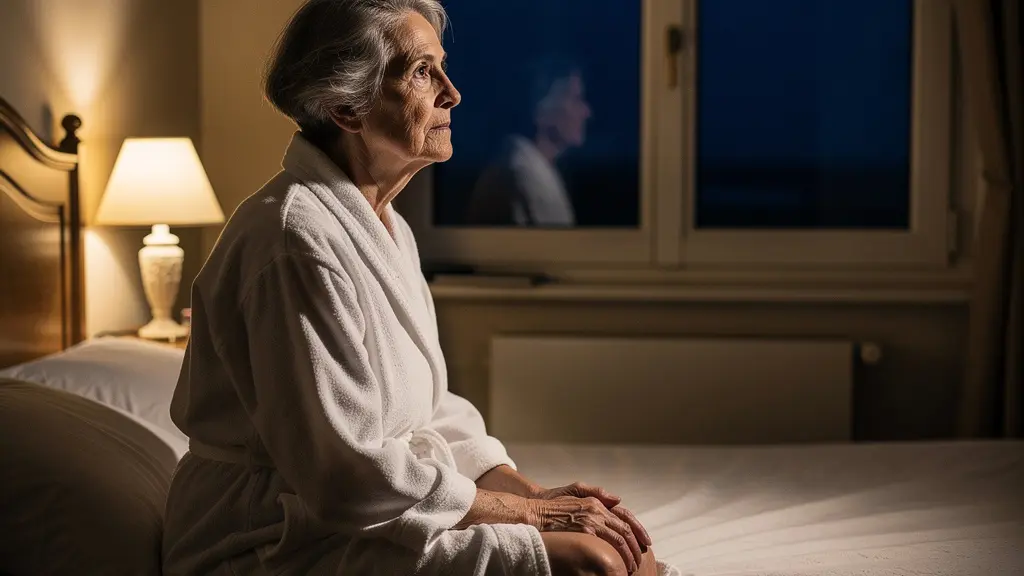 Personne âgée assise sur le bord de son lit la nuit, regard pensif vers la fenêtre