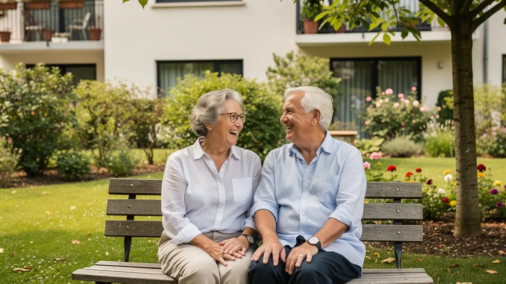 Deux seniors discutant sur un banc dans le jardin verdoyant d'une résidence