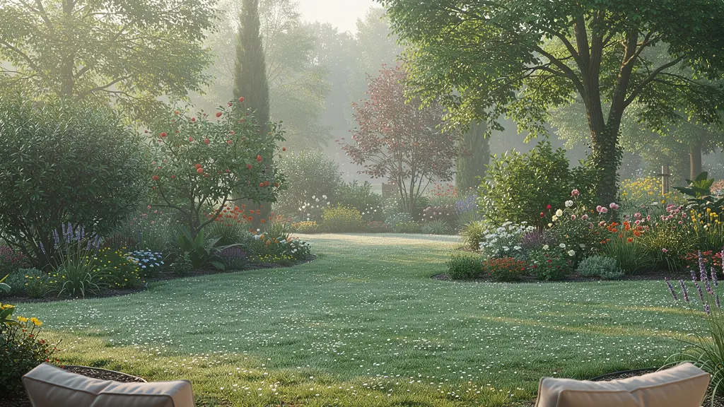 Jardin paisible d'une résidence senior en Seine-et-Marne, atmosphère matinale calme