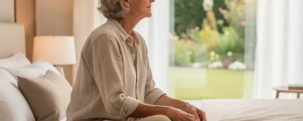 Résidente senior paisible dans sa chambre de résidence services, lumière naturelle matinale