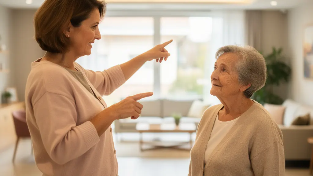 Fille accompagnant sa mère lors d'une visite de résidence senior en Seine-et-Marne